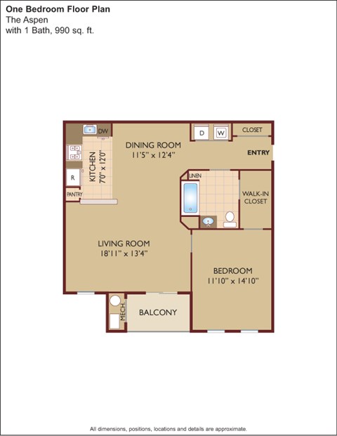 Floor plan for 1 bed, 1 bath, 990 sqft